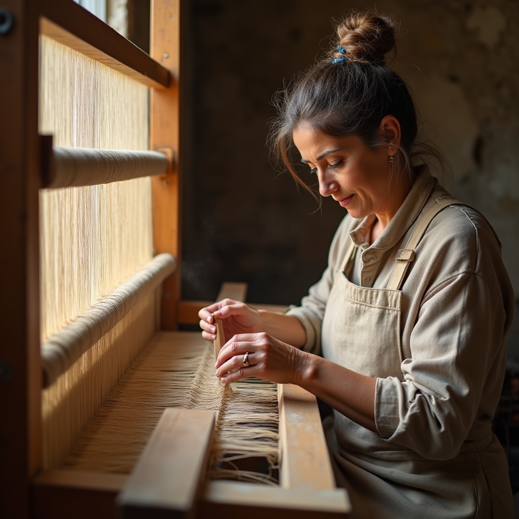 Artesana textil manejando un telar manual con hilo de lana cruda