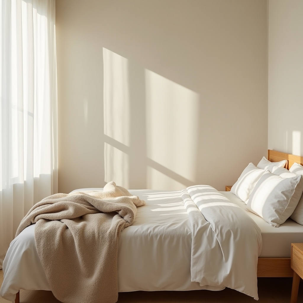 Dormitorio con sábanas de algodón orgánico y manta de lana a los pies de la cama