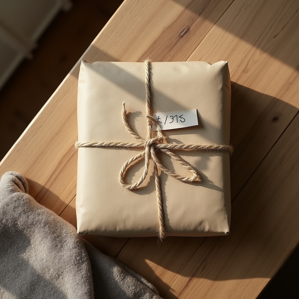 Paquete textil envuelto en papel reciclado y cordel de algodón sin plástico